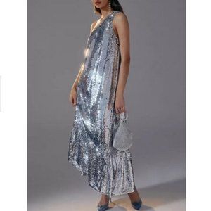 Anthropologie Silver Sequin Maxi Dress